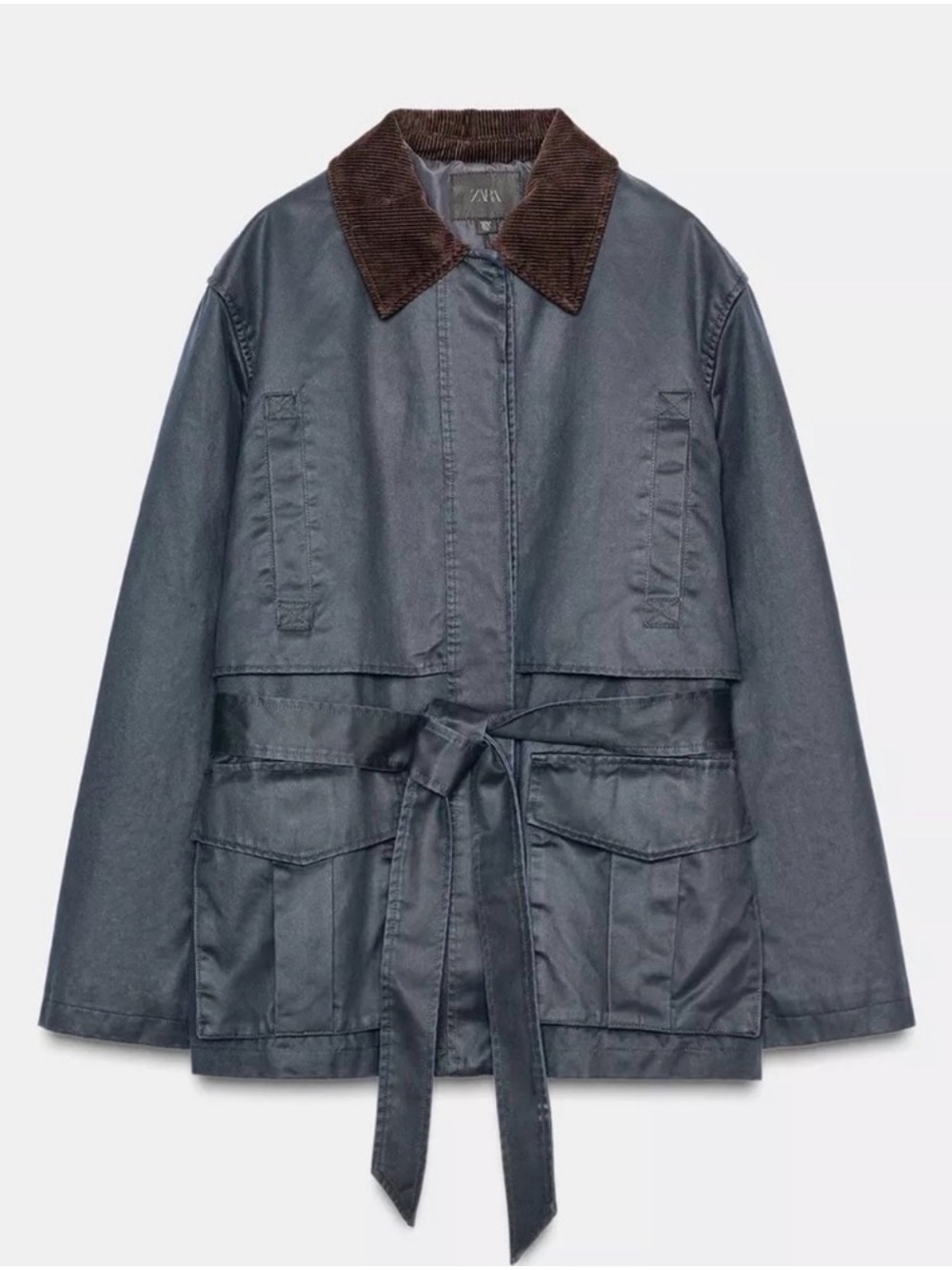 Zara Navy Blue Utility Jacket with Brown Corduroy Collar